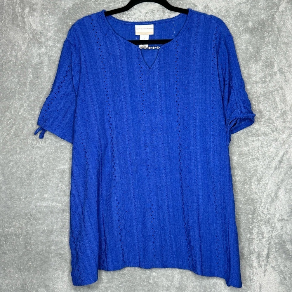 Alfred Dunner 2X Shirt Top Blue Solid Short Sleeve Keyhole Scoop Neck Eyelet